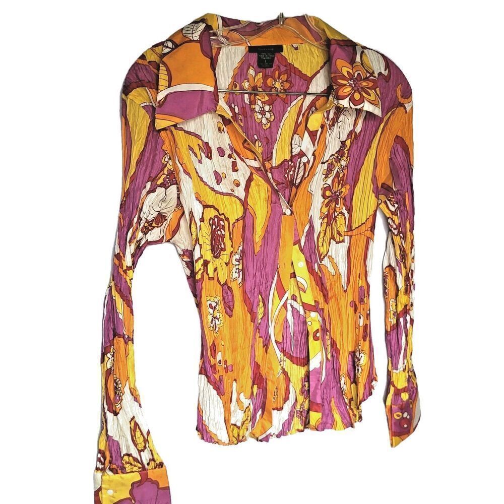 Rare Pleated Silkland 100% Silk Groovy 70s Collared Blouse Sz L